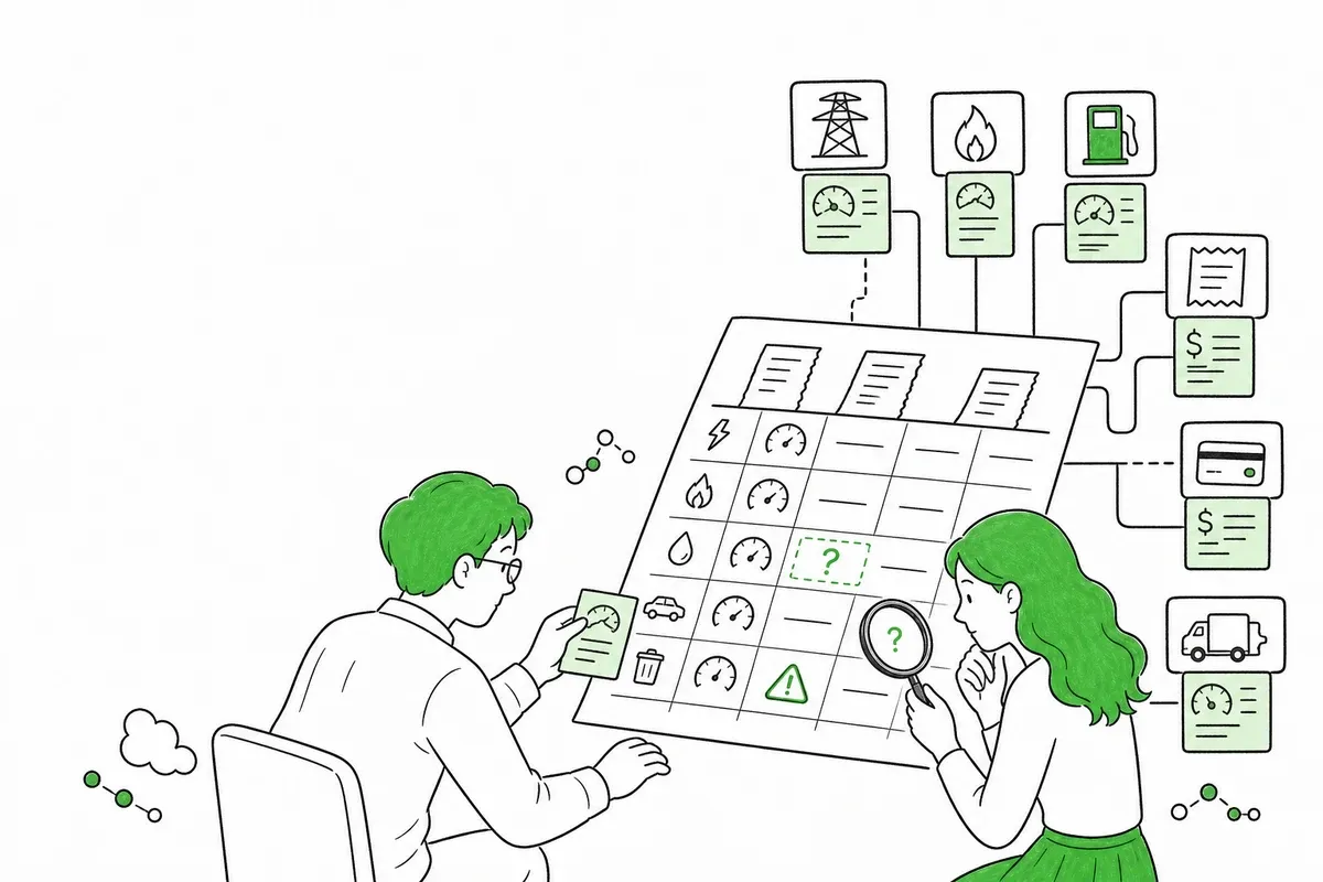 흰 바탕의 검정 펜선화에서 두 분석자가 초록 포인트의 전력·가스·연료·지출·물류 자료와 중앙 탄소회계 표를 대조하는 일러스트