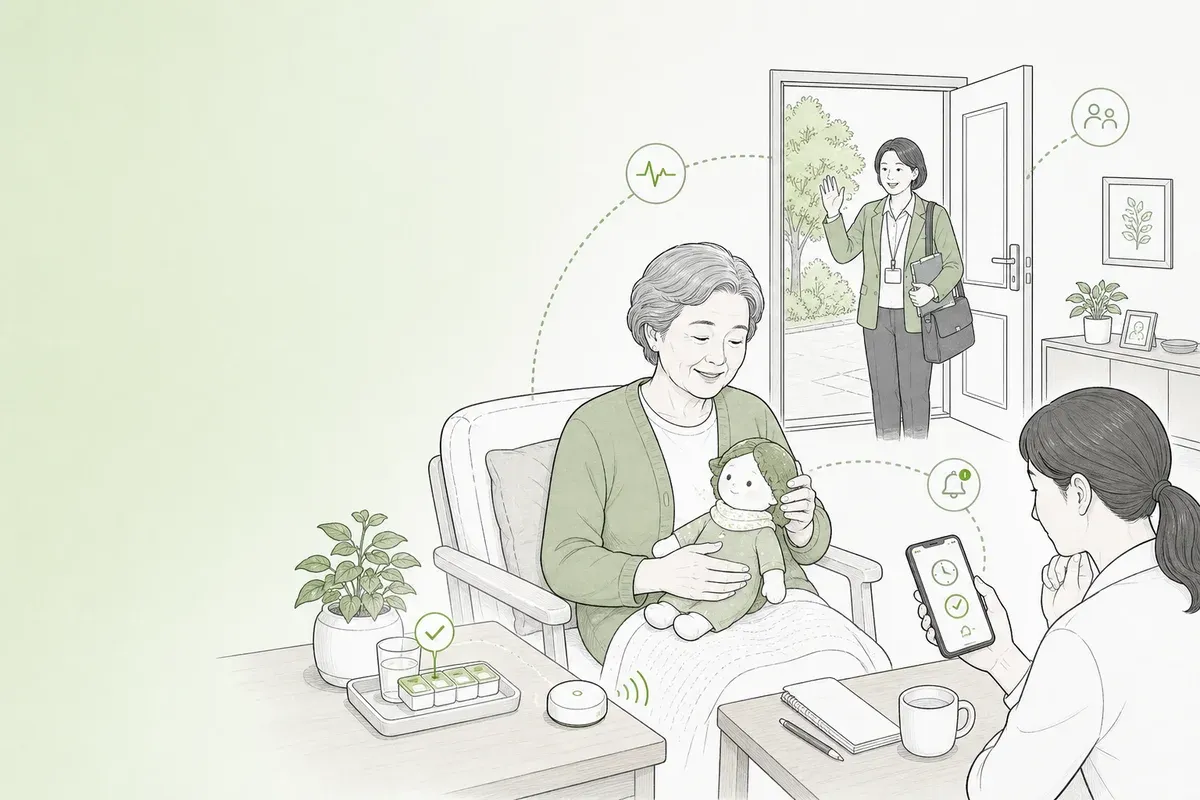 가정의 효돌 로봇이 말벗과 복약 알림을 건네고 보호자와 복지사, 관제센터가 경보를 이어받는 돌봄망 일러스트