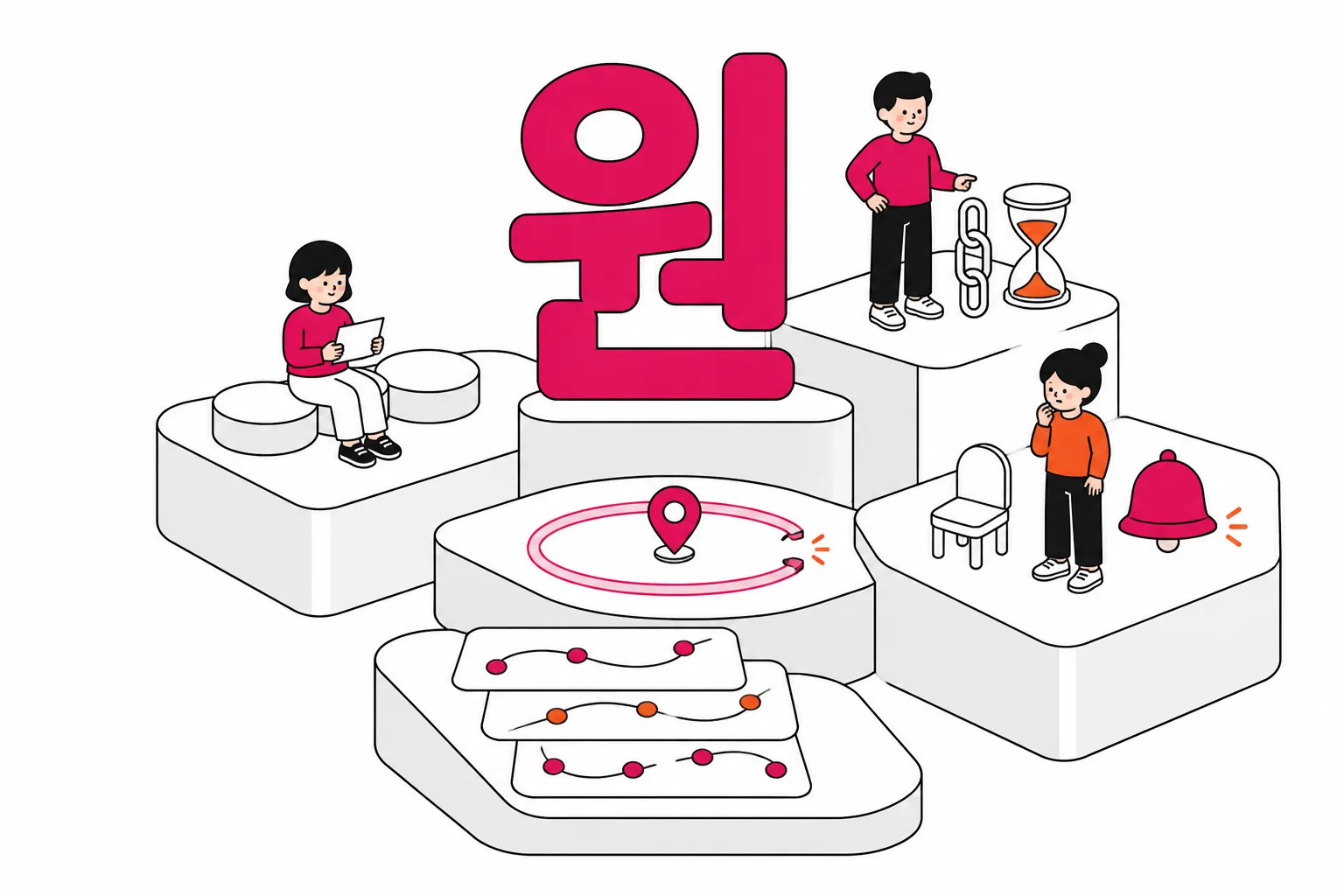 순백 계단형 무대와 거대한 ‘원’ 글자 주변에 임시 링크·시간·위치·알림·이력을 배치한 자홍색 편집 일러스트