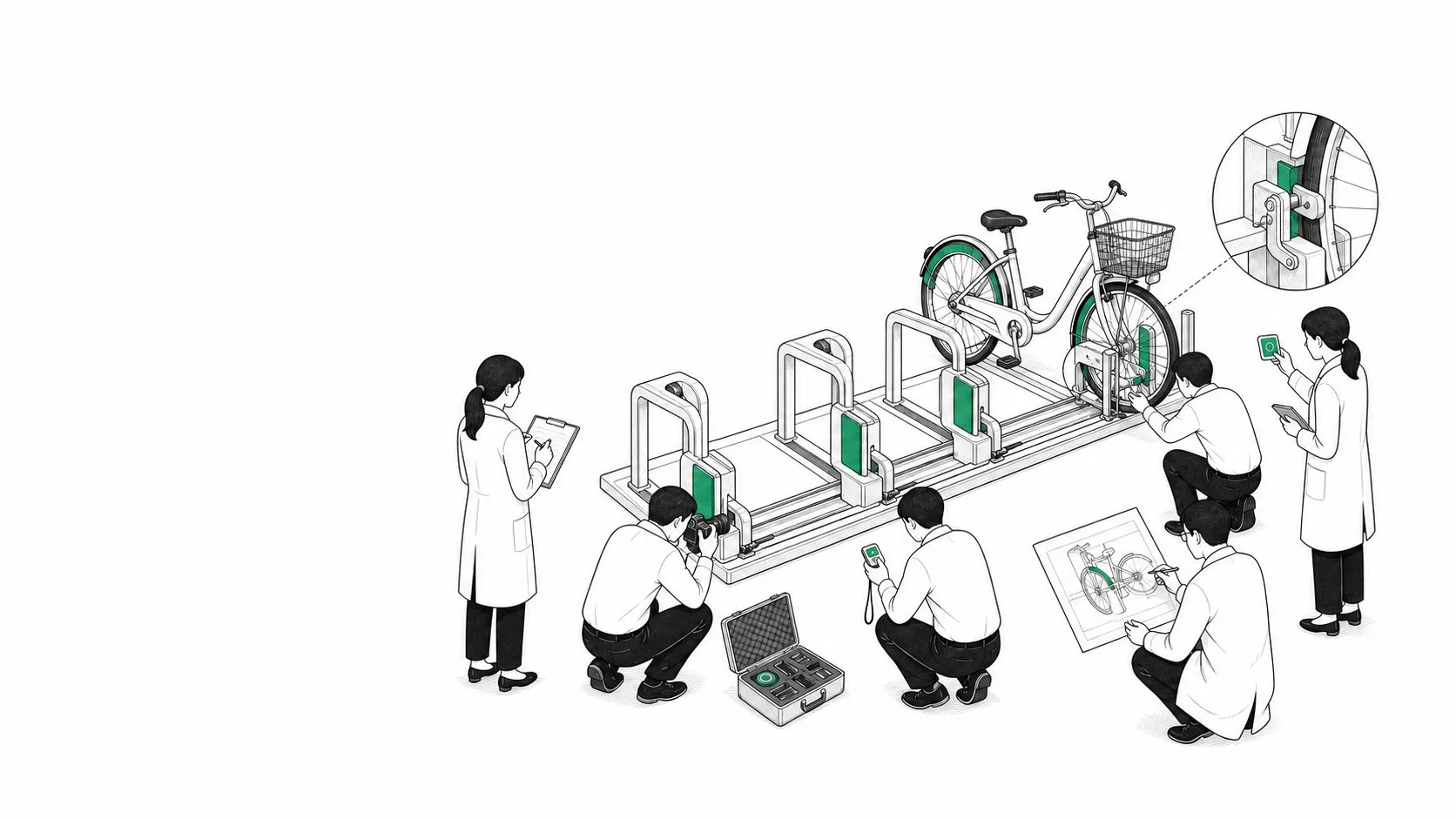 흰 배경에서 다섯 조사자가 따릉이 거치대·잠금장치·반납 확인 신호를 정밀 점검하는 에메랄드 포인트 편집 선화