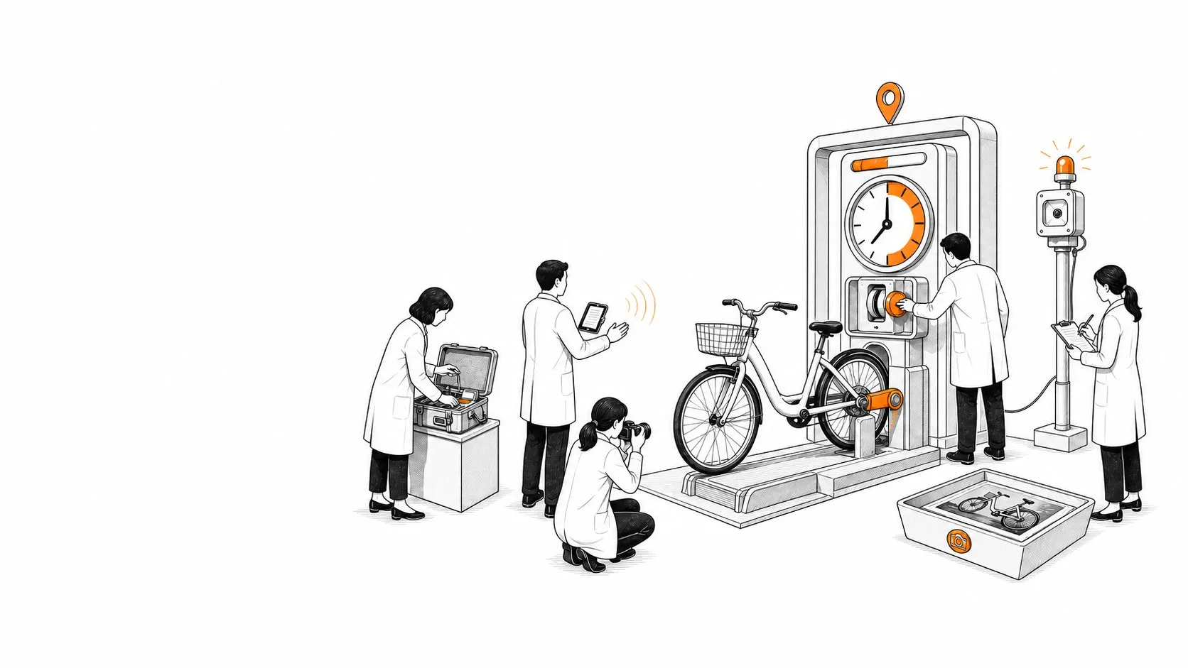 흰 배경에서 다섯 조사자가 타슈 자전거·한 시간 시계·GPS와 사진 기반 반납 복구 장치를 점검하는 오렌지 포인트 편집 선화