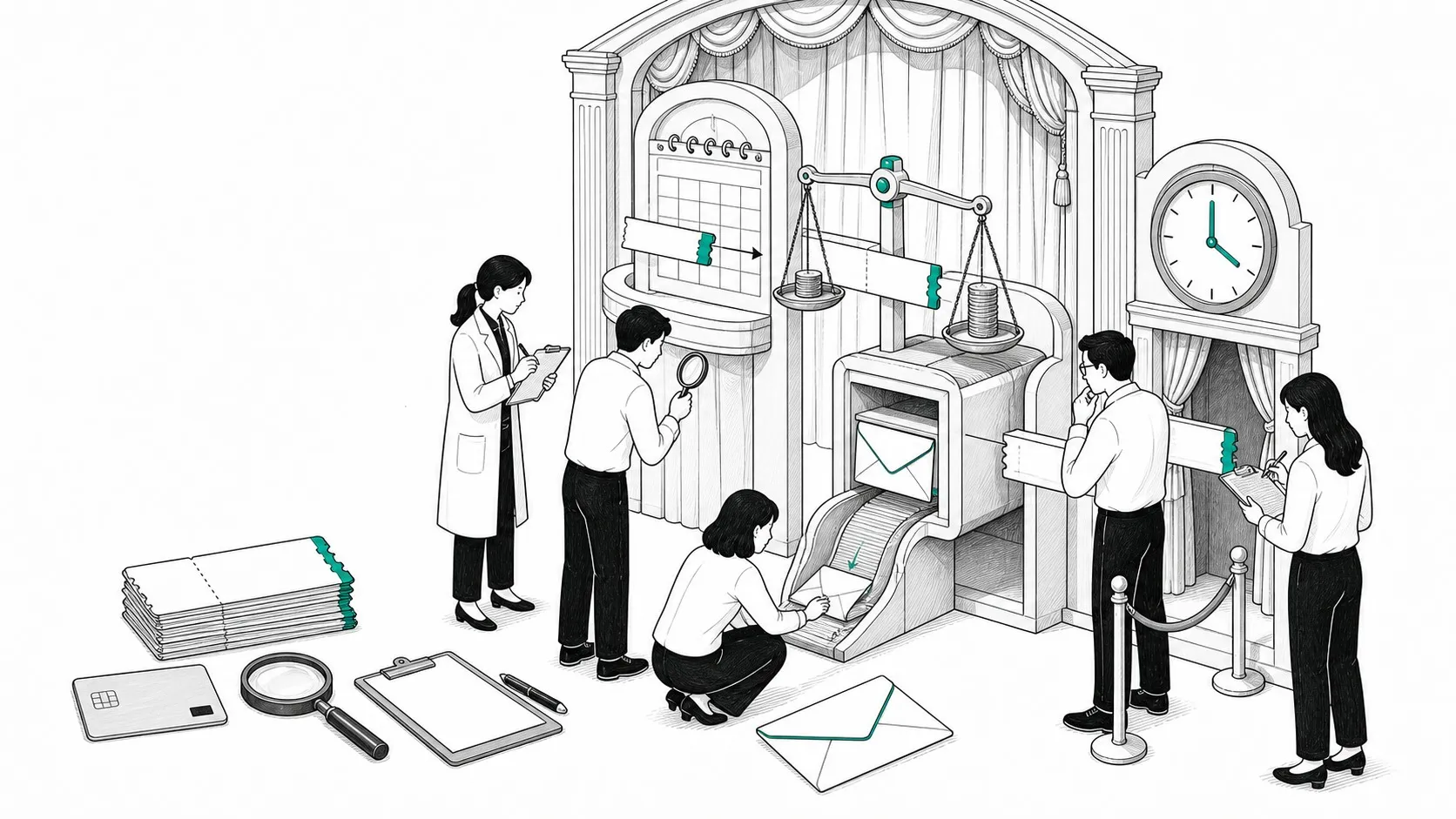 흰 배경에서 다섯 조사자가 공연장형 달력 관문·수수료 저울·등기 반송 도착시계를 점검하는 딥 틸 포인트 편집 선화