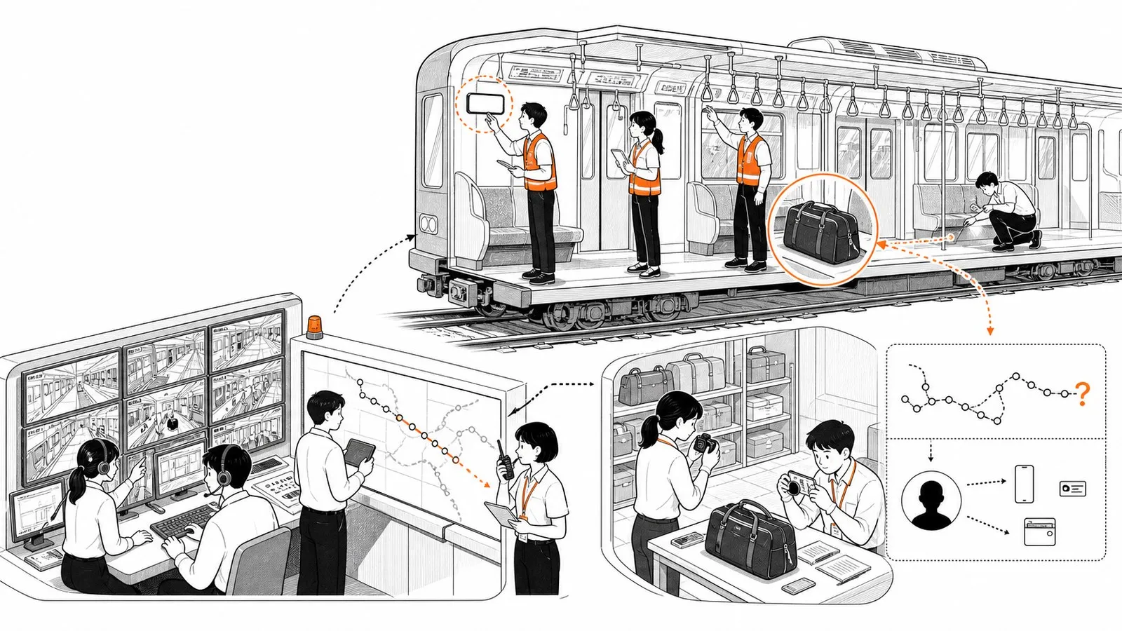 흰 배경에서 다섯 조사자가 대구 도시철도 유실물의 차량번호·관제센터·역간 수배와 반월당센터 공개 공백을 살피는 주황 포인트 편집 선화