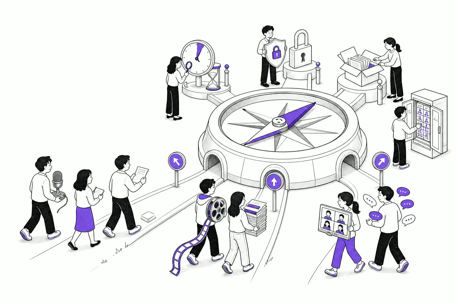 순백색 배경에서 대면 회의·긴 파일·다국어 온라인 회의 이용자가 시간·보안·내보내기·팀 관리 검문소를 거쳐 서로 다른 길을 고르는 손그림