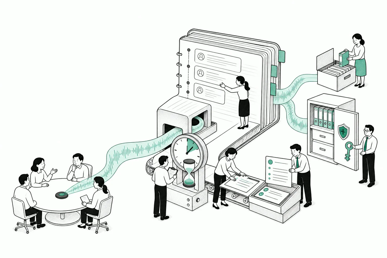 순백색 배경에서 회의 음성이 시간 계량과 화자 분리, 요약을 거쳐 개인 보관함과 기업 관리함으로 나뉘는 손그림