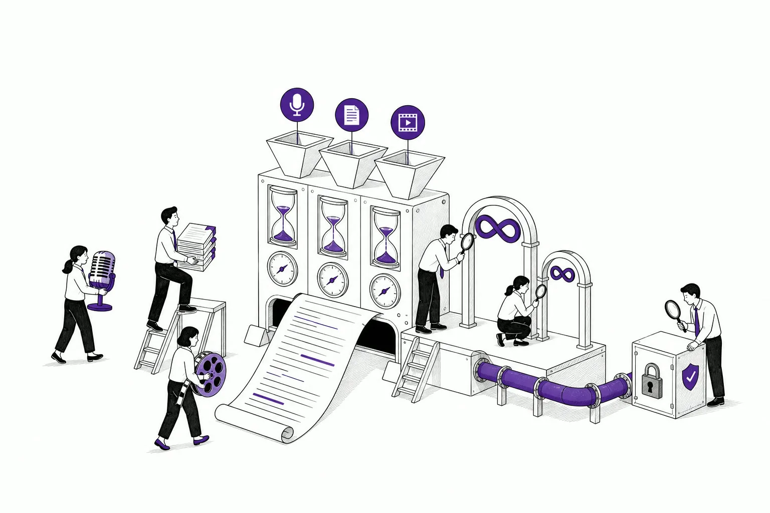 순백색 배경에서 녹음·파일·영상 입력을 각각 계량하고 무제한 범위와 외부 처리 경로를 점검하는 손그림